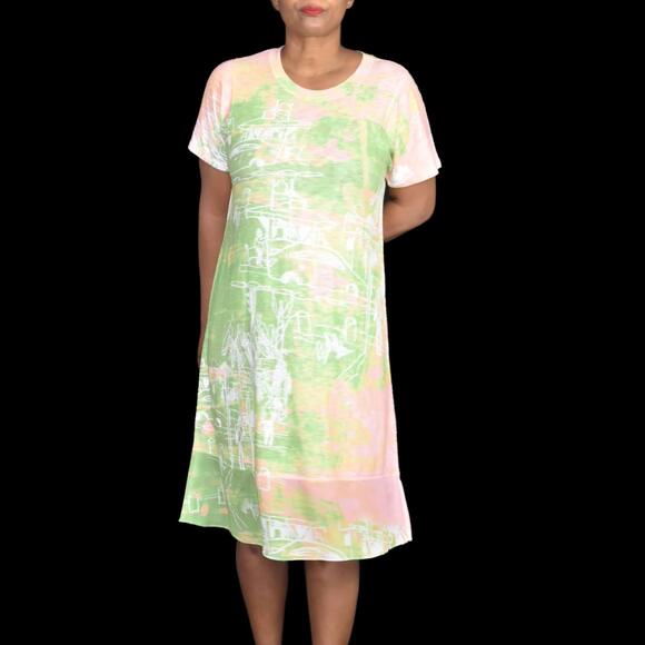 Inoah Dress Green Jersey T Shirt Lagenlook Doodle Print Artsy Pastel Size Small - Picture 12 of 13